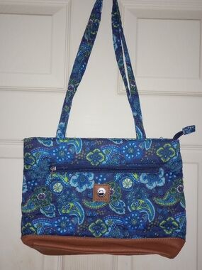 Blue Paisley Quilted Shoulder Bag with Brown Trim - Women